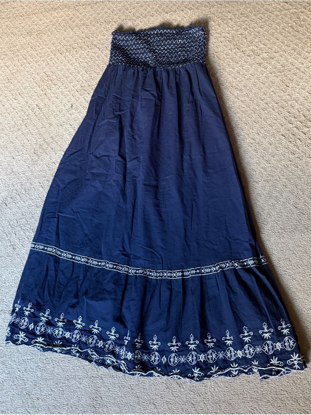Smocked Waist Navy Maxi dress with White Embroidery